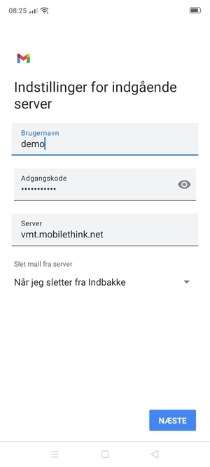 Indtast Brugernavn og indgående serveradresse. Vælg NÆSTE