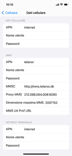 Inserisci le informazioni di Internet