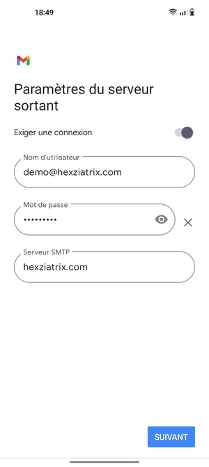 Saisissez l'adresse du serveur sortant et sélectionnez SUIVANT