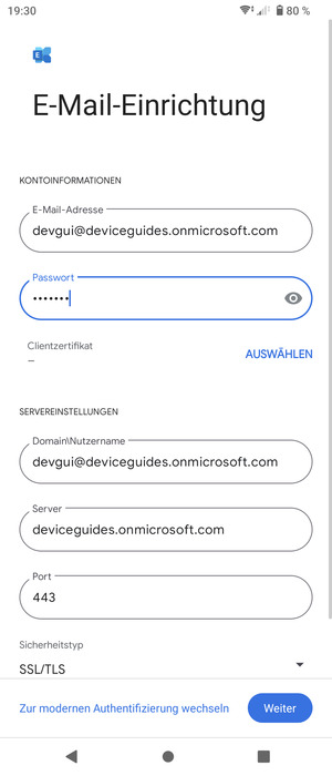 Geben Sie Benutzername und Exchange Server-Adresse ein. Wählen Sie Weiter
