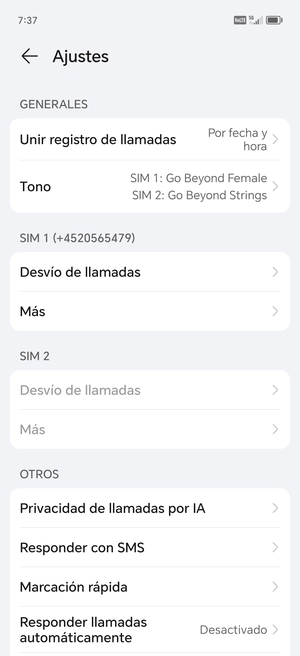 Desplácese a SIM 1 o SIM 2 y seleccione Más