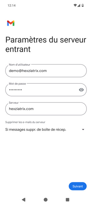 Saisissez votre Nom d'utilisateur et l'adresse du serveur entrant. Sélectionnez Suivant