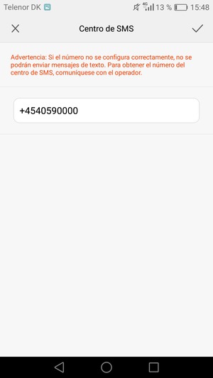 Introduzca el Número del Centro de SMS y seleccione Aceptar