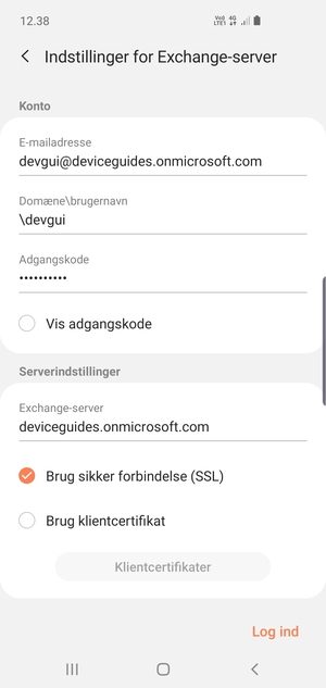 Indtast Brugernavn og Exchange serveradresse. Vælg Log ind