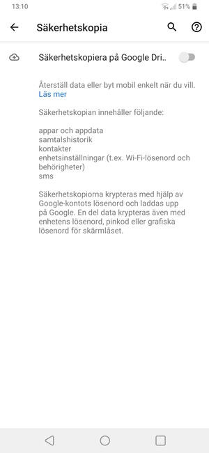 Aktivera Säkerhetkopiera på Google Drive