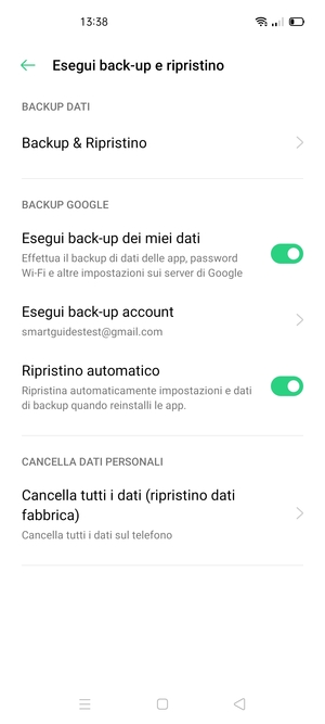 Seleziona Esegui back-up account