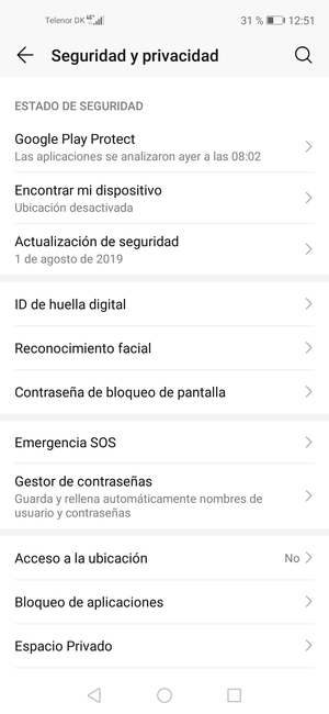 Para activar su bloqueo de pantalla, vaya al menú Seguridad y privacidad y seleccione Contraseña de bloqueo de pantalla