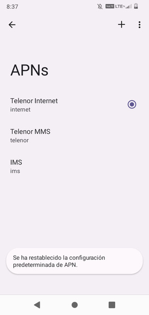 El teléfono se reiniciará con la configuración predeterminada de Internet y MMS