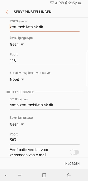 Schakel Verificatie vereist voor verzenden van e-mail uit en and selecteer INLOGGEN