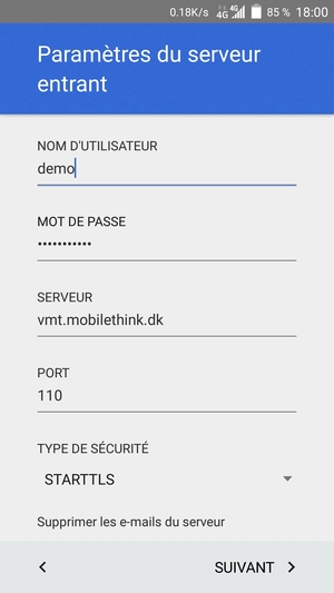 Saisissez votre NOM D'UTILISATEUR et l'adresse du serveur entrant