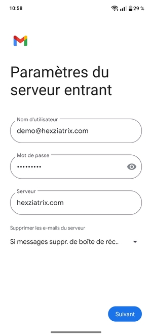 Saisissez votre Nom d'utilisateur et l'adresse du serveur entrant. Sélectionnez Suivant