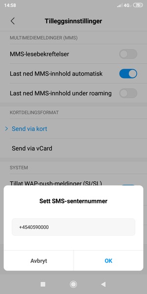 Skriv inn SMS-senternummer (SMSC) nummer og velg OK