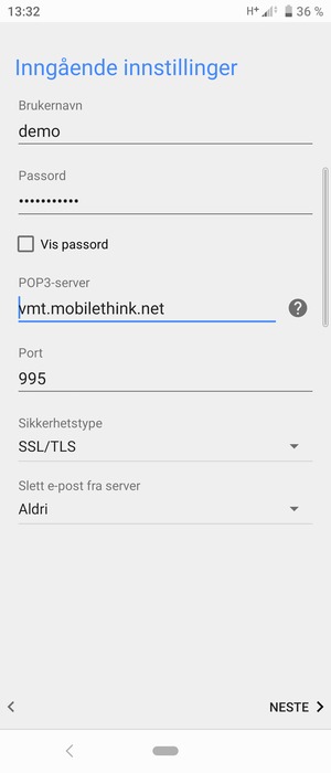 Skriv inn Brukernavn og innkommende serveradresse