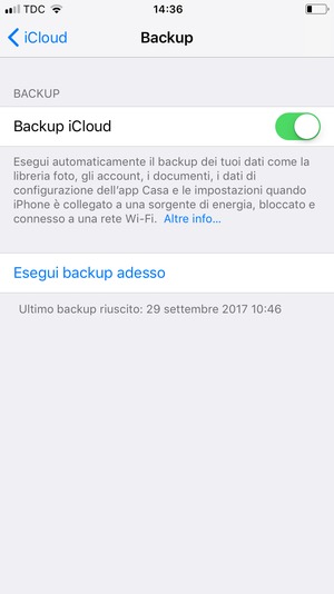 Imposta Backup iCloud su ON