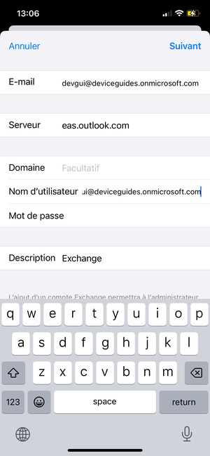 Saisissez vos informations de messagerie Exchange et sélectionnez Suivant