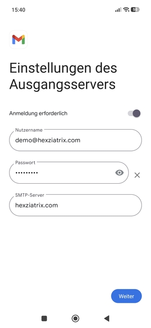 Geben Sie die Server-Adresse für ausgehende Post ein und wählen Sie Weiter