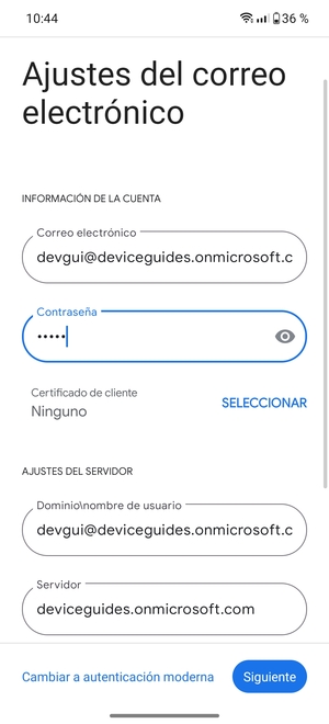 Introduzca Nombre de usuario y la dirección de servidor Exchange. Seleccione Siguiente