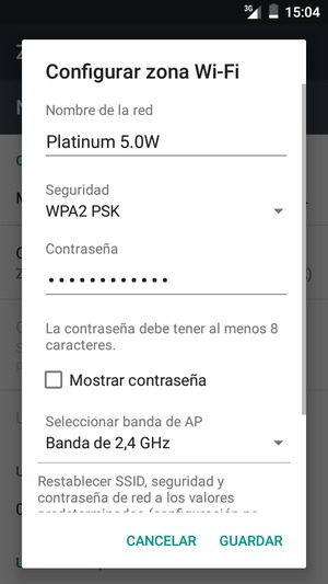 Introduzca una contraseña de punto de acceso Wi-Fi de al menos 8 caracteres y seleccione GUARDAR