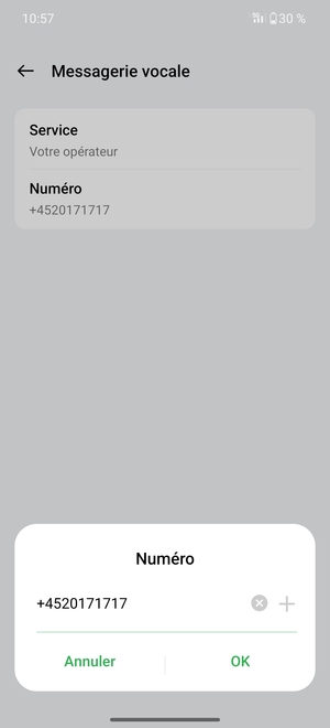 Saisissez le Numéro de messagerie vocale et sélectionnez OK