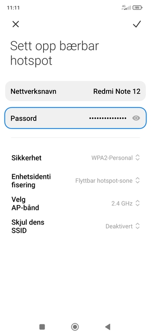 Skriv inn et Wi-Fi hotspot-passord på minst 8 tegn og velg LAGRE