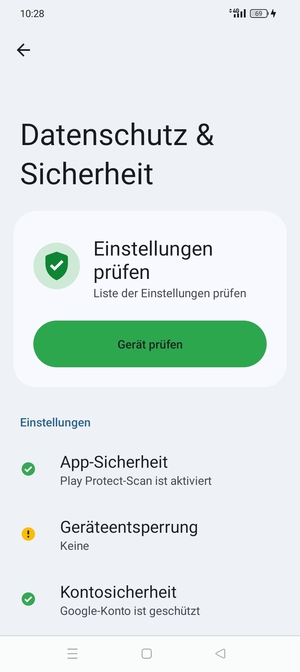 Um Ihre Bildschirmsperre zu aktivieren, gehen Sie zum Datenschutz & Sicherheit Menü und wählen Sie  Geräteentsperung