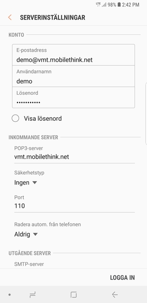 Ange Användarnamn och inkommande serveradress