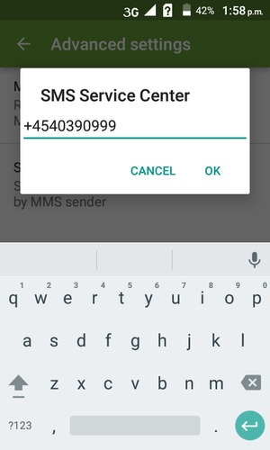 Enter the SMS Service Center number and select OK