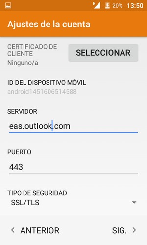 Desplácese hacia abajo e introduzca la dirección del servidor Exchange. Seleccione SIG.