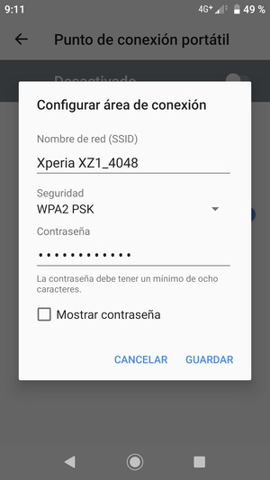 Introduzca una contraseña de punto de acceso Wi-Fi de al menos 8 caracteres y seleccione GUARDAR