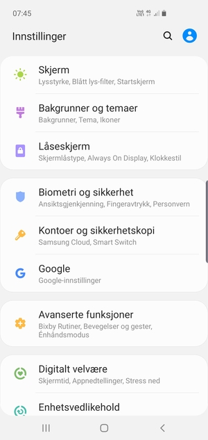 Bla til og velg Kontoer og sikkerhetskopi