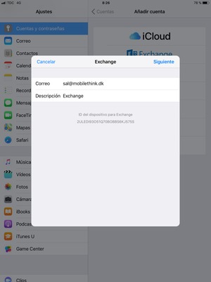 Introduzca su Información de correo electrónico Exchange y seleccione Siguiente