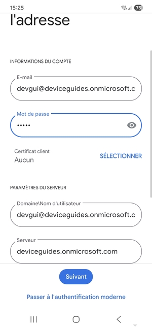 Saisissez votre Nom d'utilisateur et l'adresse du serveur Exchange. Sélectionnez Suivant