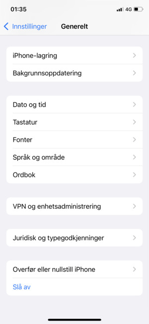 Bla til og velg Overfør eller nullstill iPhone