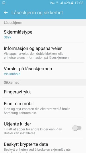For å aktivere skjermlåsen, gå til Låseskjerm og sikkerhet-menyen og velg Skjermlåstype