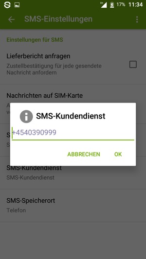 Geben Sie die SMS-Kundendienst Nummer ein und wählen Sie OK