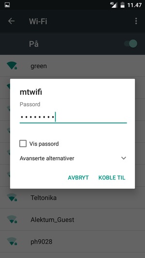 Skriv inn Wi-Fi-passord og velg KOBLE TIL