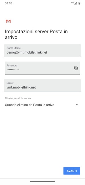 Inserisci Nome utente e l'indirizzo del server di posta in arrivo. Seleziona AVANTI