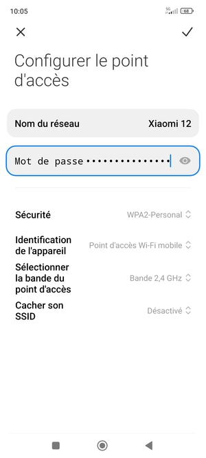 Saisissez un mot de passe de hotspot Wi-Fi d'au moins 8 caractères et sélectionnez ENREGISTRER