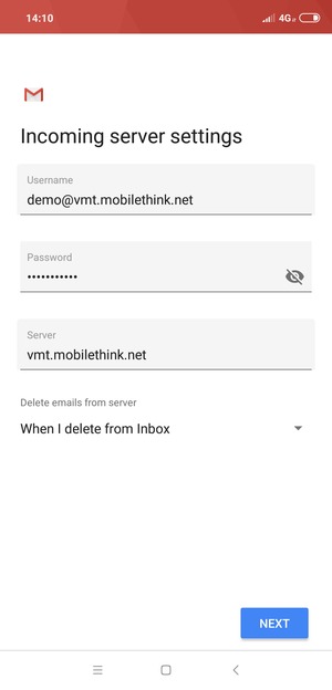Enter Username and Incoming server address. Select NEXT