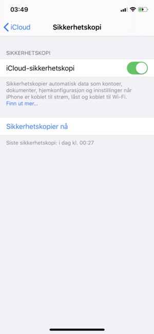 Angi iCloud-sikkerhetskopi til På