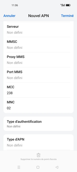 Faites défiler vers le bas et saisissez les informations Internet