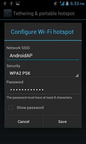 Enter a Wi-Fi hotspot password of at least 8 characters and select Save