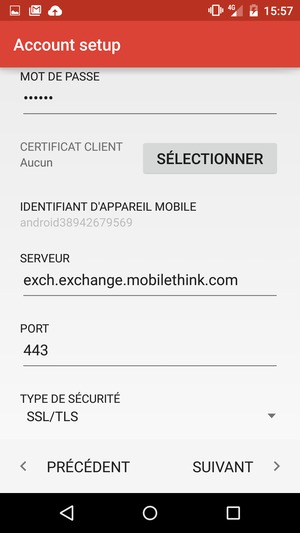 Faites défiler vers le bas et saisissez l'adresse du serveur Exchange. Sélectionnez SUIVANT