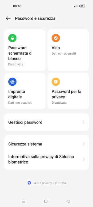 Per attivare il blocco dello schermo, vai al menu Password e sicurezza e seleziona Password schemata di blocco