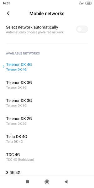 Select a network operator from the list