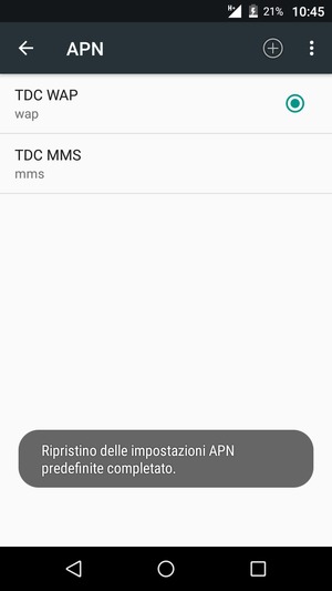 Le impostazioni del tuo telefono saranno ripristinate secondo le impostazioni internet e MMS predefinite