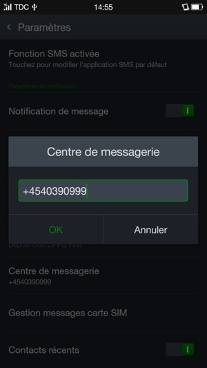 Saisissez le numéro du Centre de messagerie et sélectionnez OK