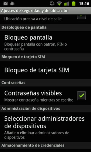 Para cambiar el PIN de la tarjeta SIM, vuelva al menú Seguridad / Ubicación y seguridad y seleccione Bloqueo de tarjeta SIM