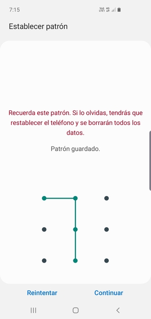 Dibuje un patrón de desbloqueo y seleccione Continuar