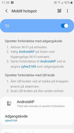 Din telefon er nu sat op til brug som modem
